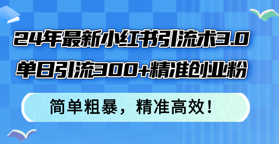 24年最新小红书引流术3.0，单日引流300+精准创业粉，简单粗暴，精准高效！-苍穹网创