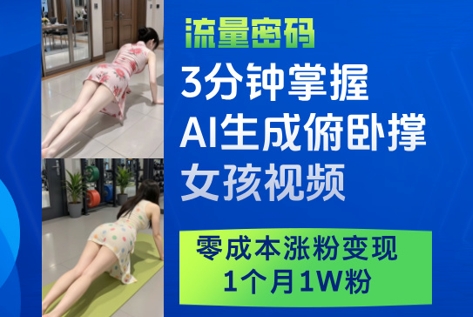 3分钟掌握AI生成俯卧撑女孩视频，零成本涨粉变现，1个月1W粉-苍穹网创