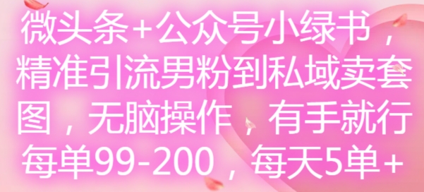微头条+公众号小绿书，精准引流男粉到私域卖套图，无脑操作，有手就行，每单99-200，每天5单-苍穹网创