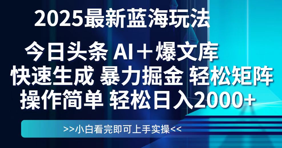 今日头条2025最新蓝海玩法，思路简单，复制粘贴，轻松实现矩阵日入2000+-苍穹网创