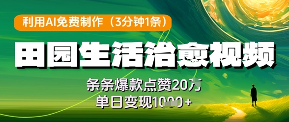 利用AI免费制作田园生活治愈视频，条条爆款点赞20W，单日变现几张-苍穹网创