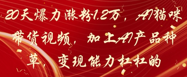 20天爆力涨粉1.2W，AI猫咪带货视频，加上AI产品种草，变现能力杠杠的-苍穹网创