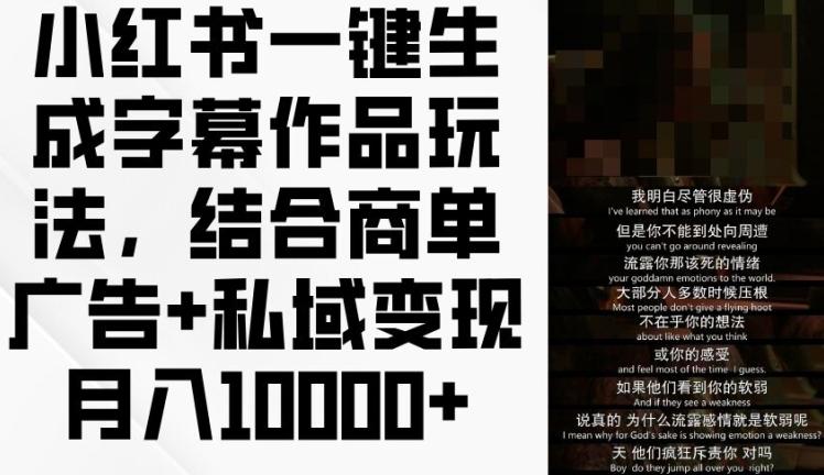 小红书一键生成字幕作品玩法，结合商单广告+私域变现月入1w+【揭秘】-苍穹网创