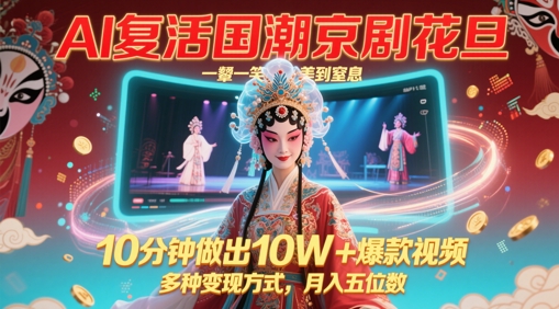 AI复活国潮京剧花旦，一颦一笑美到窒息，10分钟做出10W+爆款视频，多种变现方式，月入五位数-苍穹网创