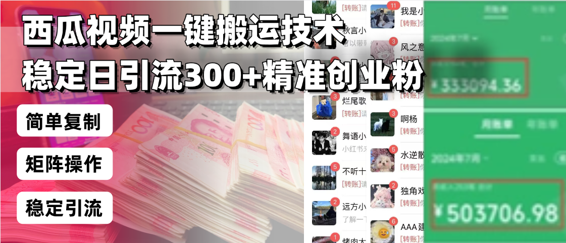 西瓜视频一键搬运技术，稳定日引流300+精准创业粉，简单可复制给团队，…-苍穹网创