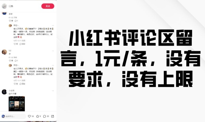 小红书评论区留言，1元条，没有要求，没有上限-苍穹网创