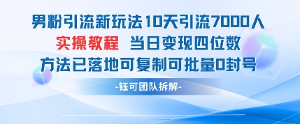 男粉引流新玩法10天引流7000人当日变现四位数可复制可批量0封号-苍穹网创