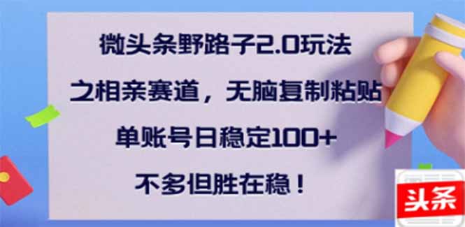 微头条野路子2.0玩法之相亲赛道，无脑搬砖复制粘贴，单账号日稳定300+…-苍穹网创