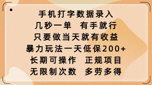 手机打字数据录入，几秒一单，有手就行，只要做当天就有收益，暴力玩法一天低保2张-苍穹网创