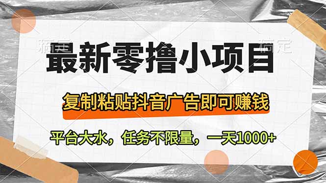 最新零撸小项目，复制粘贴抖音广告即可赚钱，平台大水，任务不限量，一…-苍穹网创