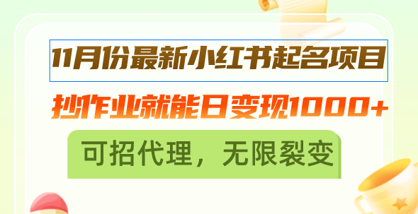 11月份最新小红书起名项目，抄作业就能日变现1000+，可招代理，无限裂变-苍穹网创