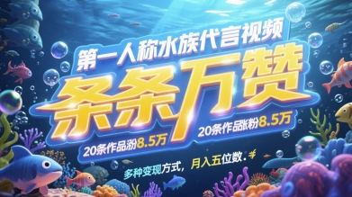第一人称水族代言视频，条条万赞，20条作品涨粉7.8W，多种变现方式月入五位数-苍穹网创